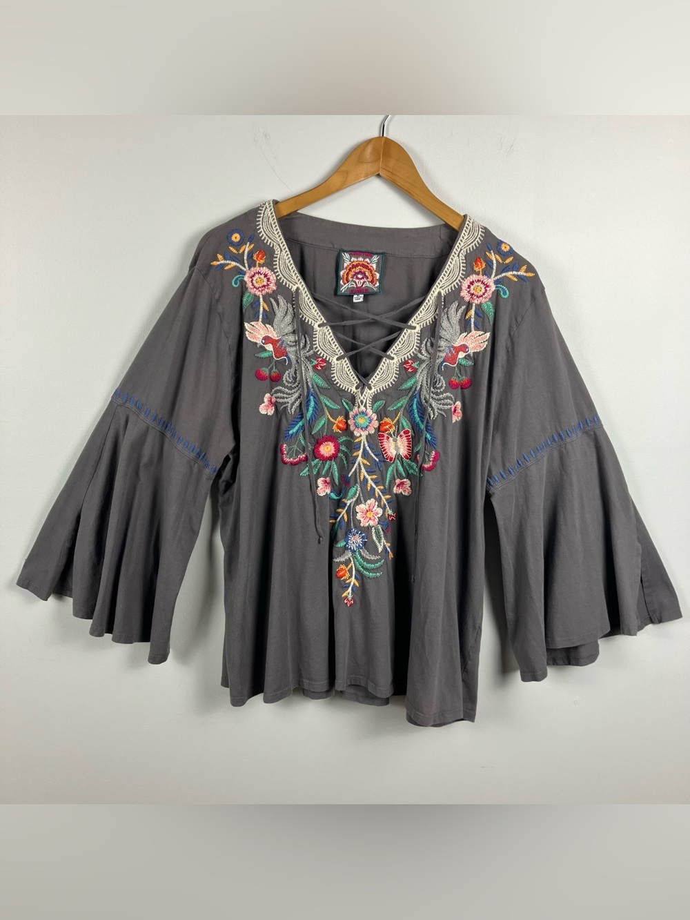Johnny Was XL Embroidered Floral Butterfly Bell Sleeve Lace Up Top Boho